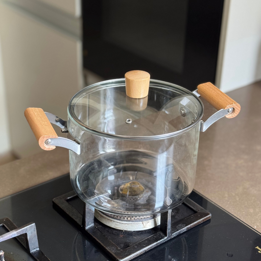 Glass Pot with Wooden Handles | Heat Safe Borosilicate Glass Pot | 3.5L