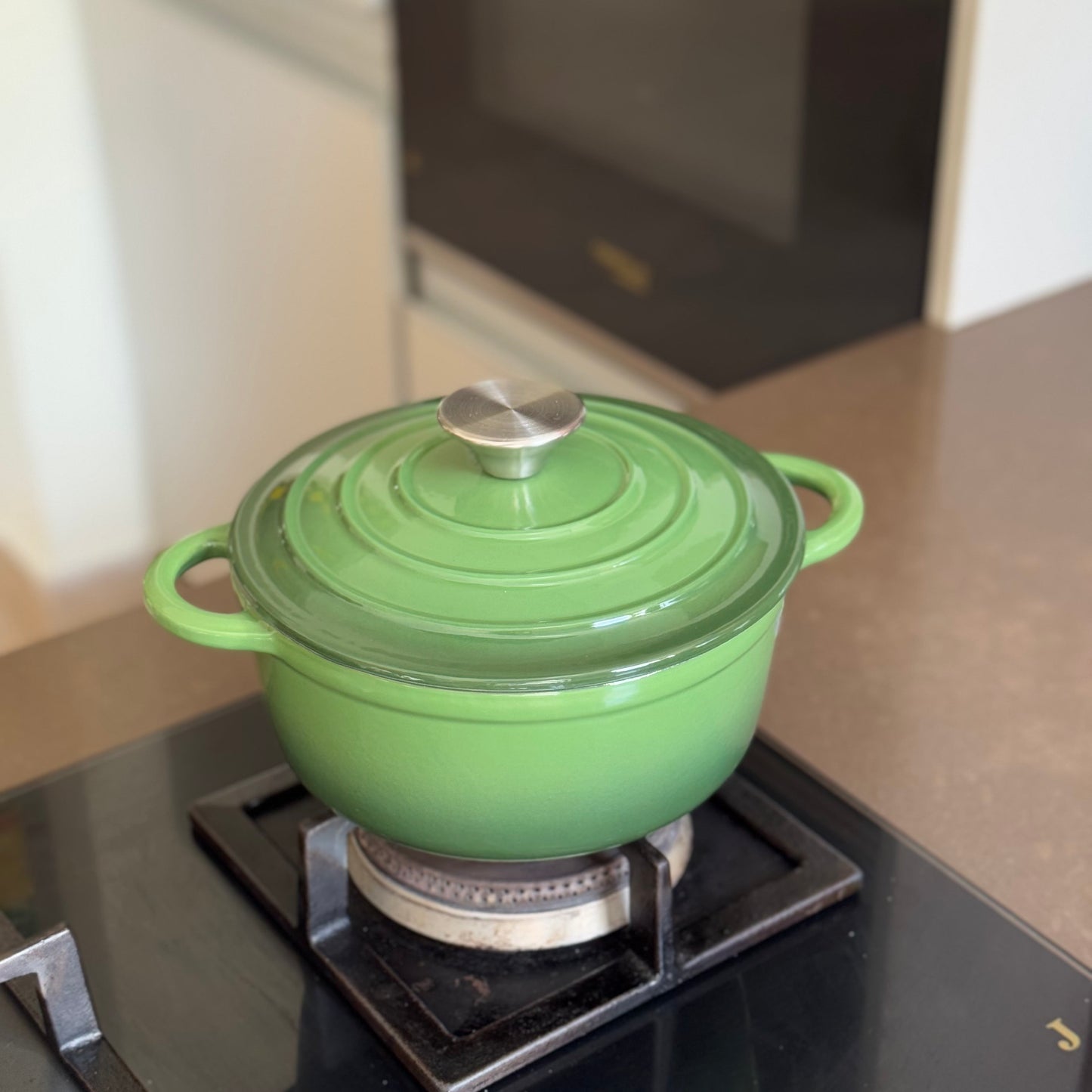 Circular Enamel Cast Iron Dutch Oven with Lid | Casserole Pot | Green and Dark Green