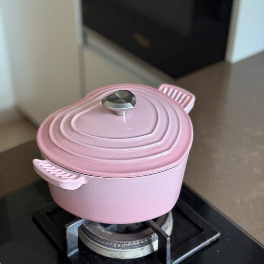 Heart-Shaped Pink Enamel Cast Iron Dutch Oven with Lid | Pink and Purple