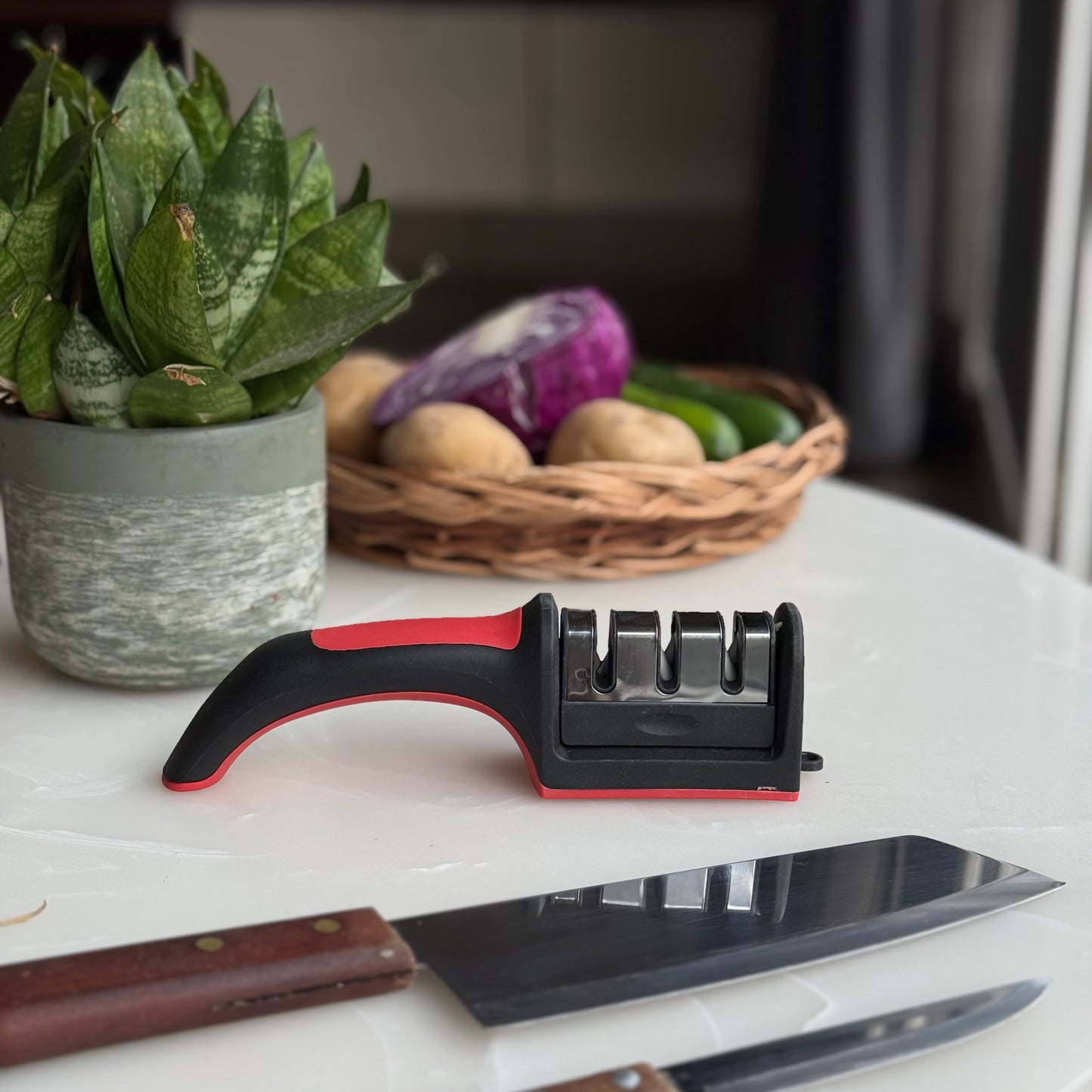 3-Stage Manual Knife Sharpener with Ergonomic Handle & Non-Slip Base | Black & Red