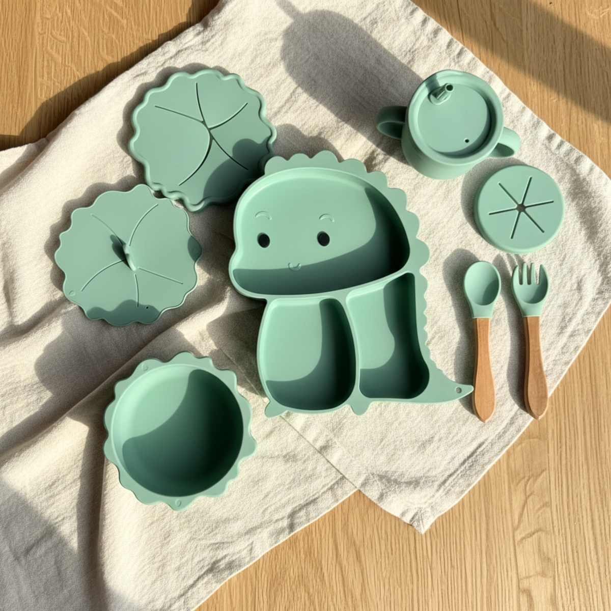 Green Dino Baby's Meal Set | 9 piece silicone meal set for babies and toddlers
