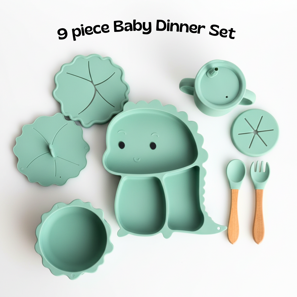 Green Dino Baby's Meal Set | 9 piece silicone meal set for babies and toddlers