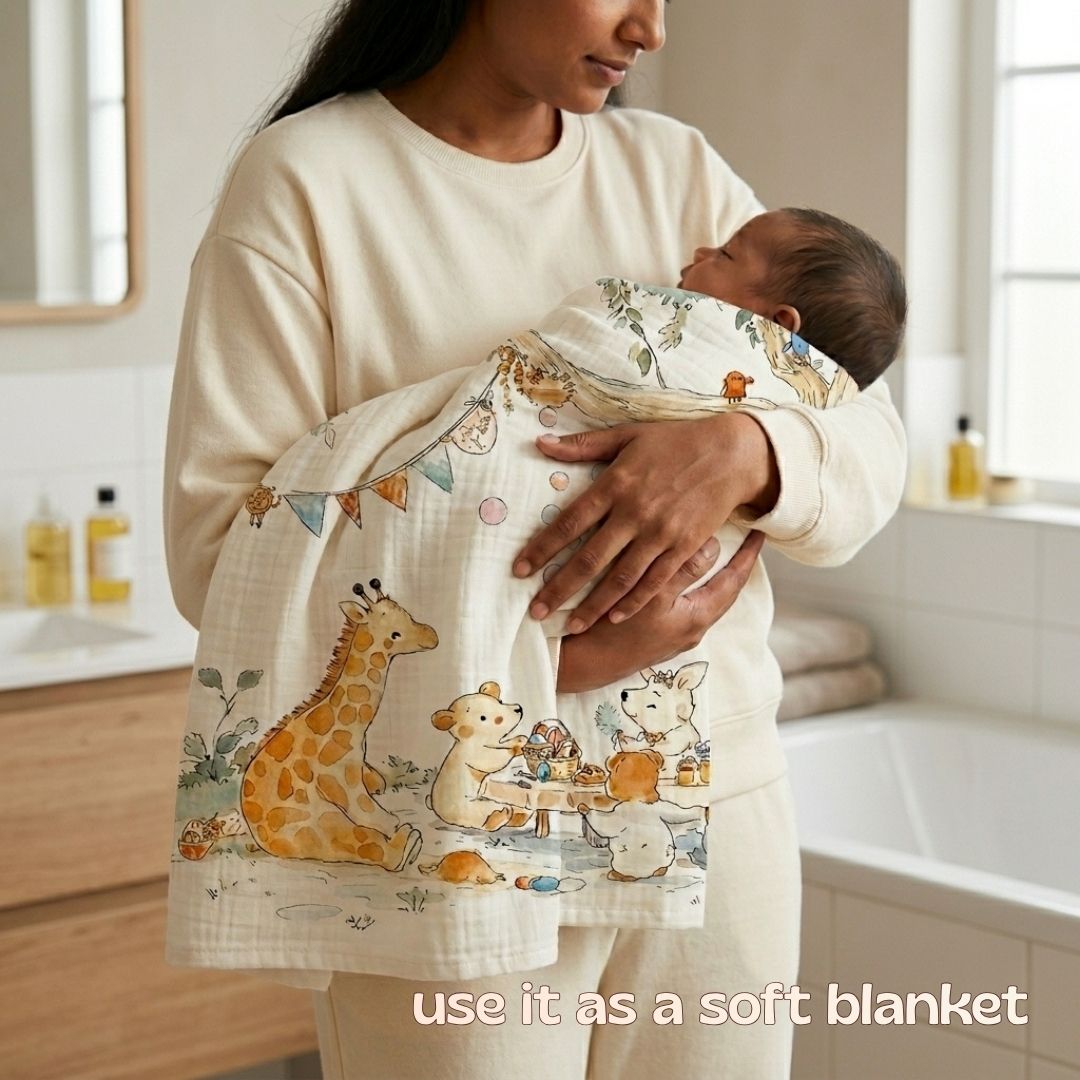 Jungle Picnic Baby Towel | Muslin and Microfibre Bath Towel for babies and toddlers