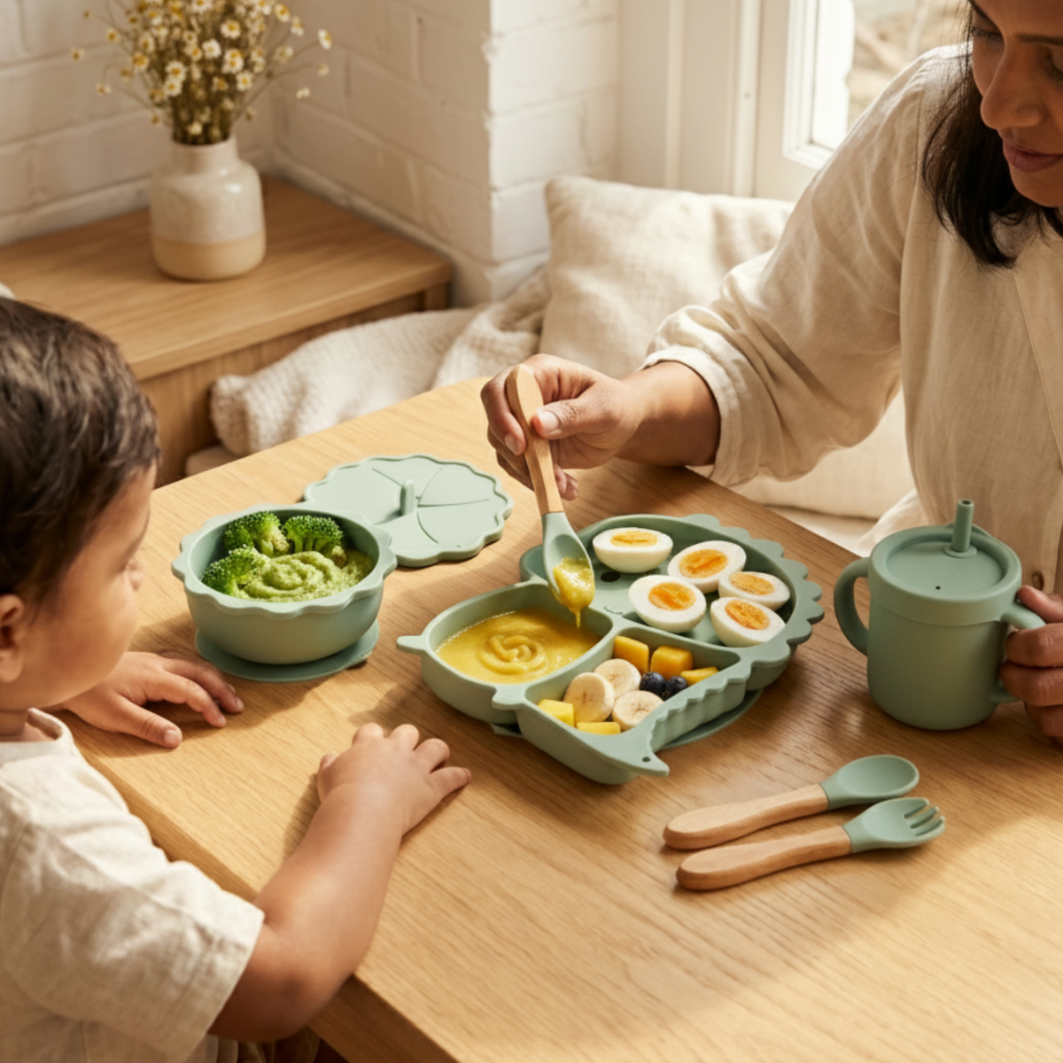 Green Dino Baby's Meal Set | 9 piece silicone meal set for babies and toddlers