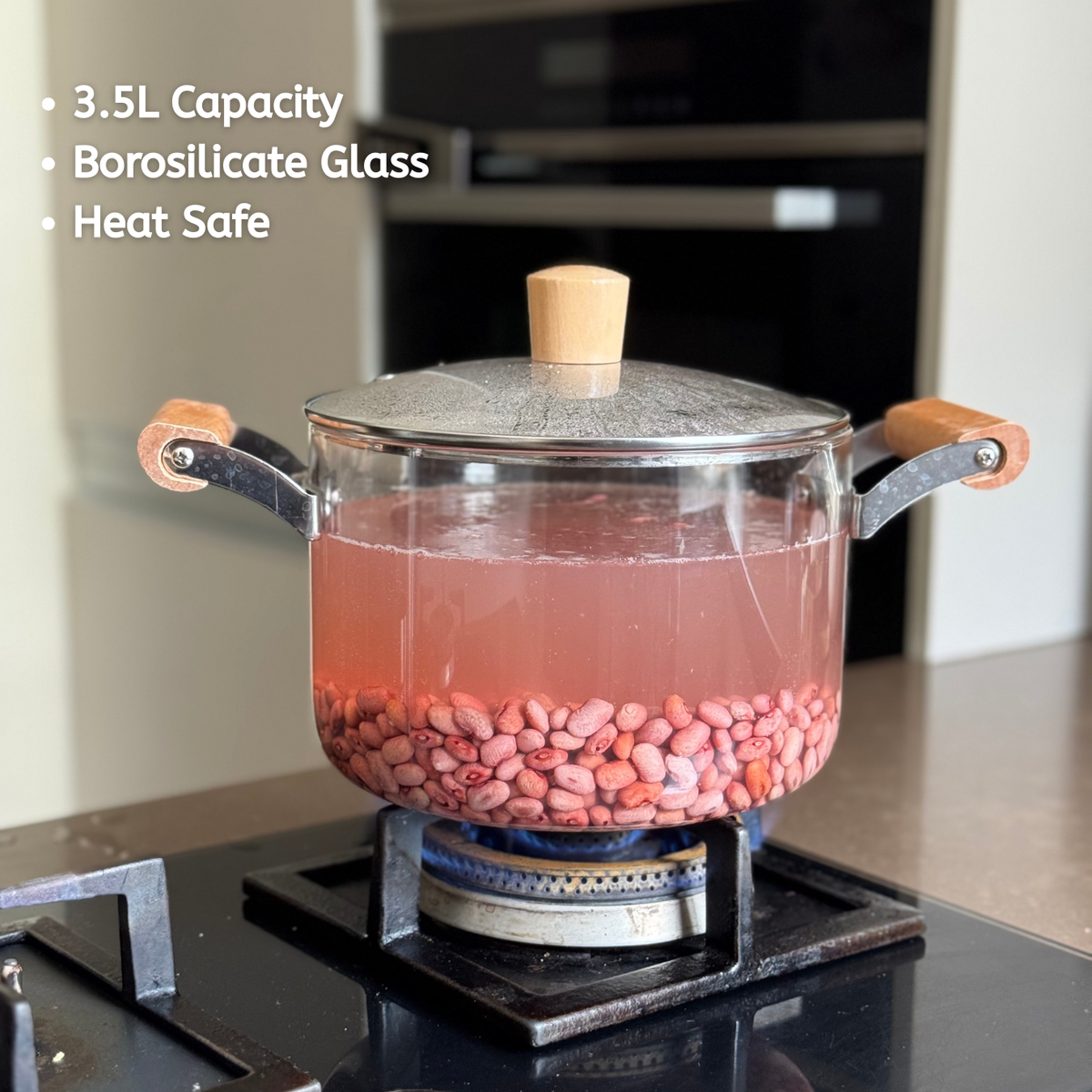 Glass Pot with Wooden Handles | Heat Safe Borosilicate Glass Pot | 3.5L