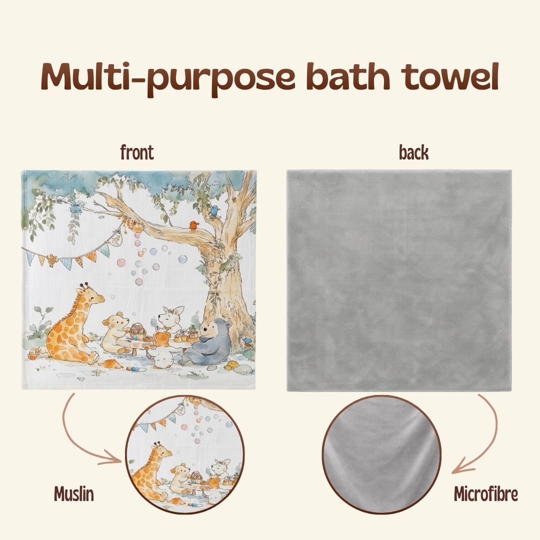 Jungle Picnic Baby Towel | Muslin and Microfibre Bath Towel for babies and toddlers