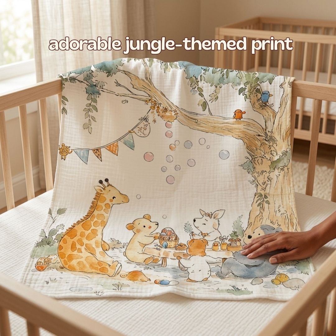 Jungle Picnic Baby Towel | Muslin and Microfibre Bath Towel for babies and toddlers