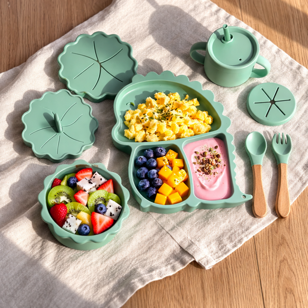 Green Dino Baby's Meal Set | 9 piece silicone meal set for babies and toddlers