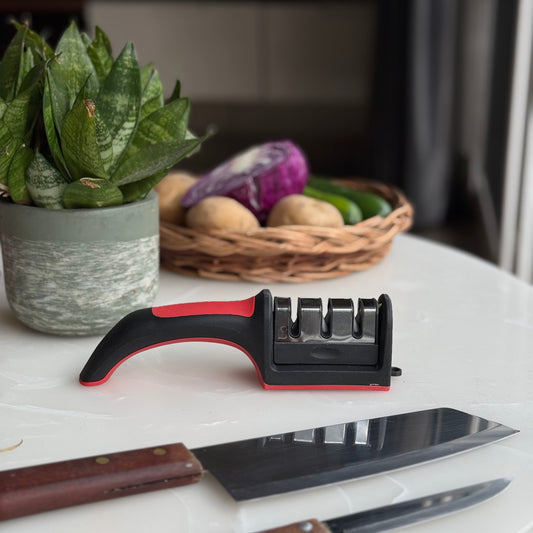 3-Stage Manual Knife Sharpener with Ergonomic Handle &amp; Non-Slip Base | Black & Red
