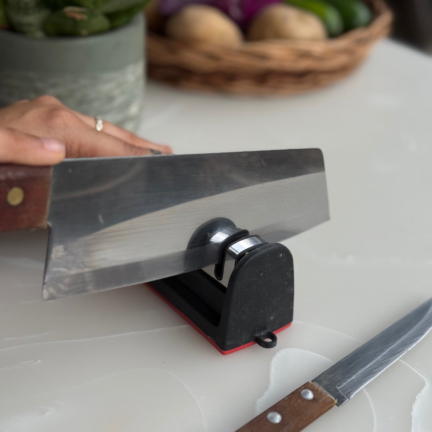 3-Stage Manual Knife Sharpener with Ergonomic Handle &amp; Non-Slip Base | Black & Red