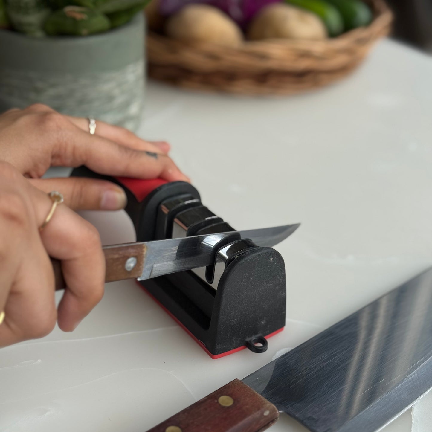 3-Stage Manual Knife Sharpener with Ergonomic Handle &amp; Non-Slip Base | Black & Red