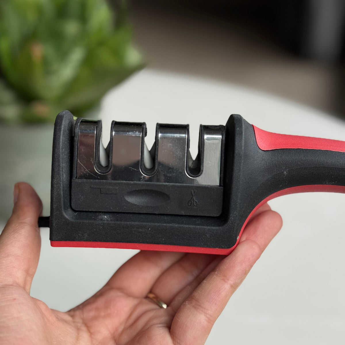 3-Stage Manual Knife Sharpener with Ergonomic Handle &amp; Non-Slip Base | Black & Red