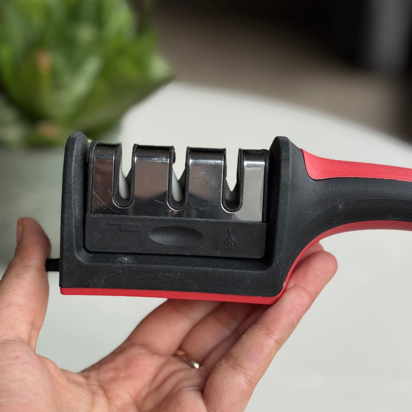 3-Stage Manual Knife Sharpener with Ergonomic Handle &amp; Non-Slip Base | Black & Red