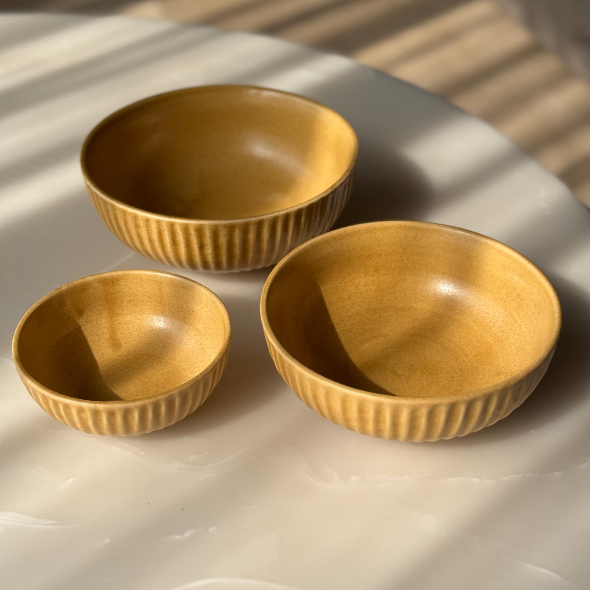 Set of 3 Textured Yellow Ceramic Bowls