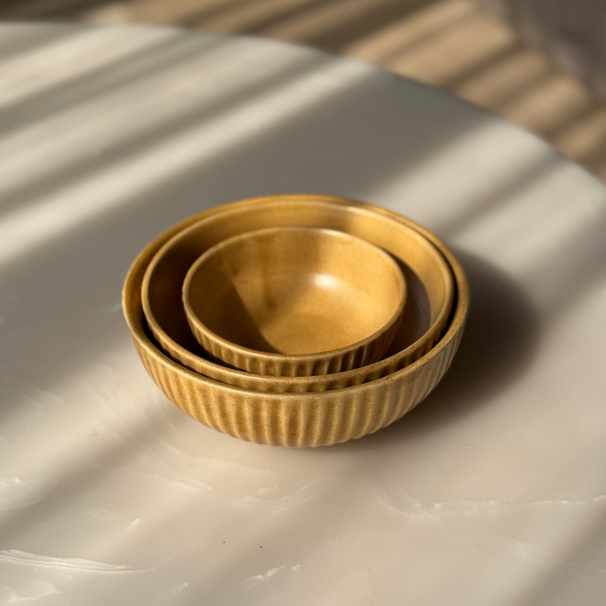 Set of 3 Textured Yellow Ceramic Bowls