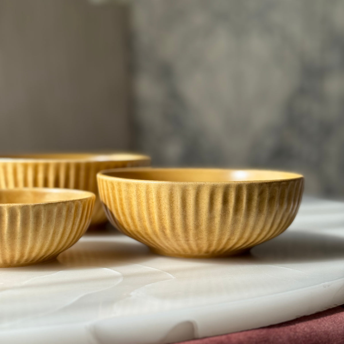Set of 3 Textured Yellow Ceramic Bowls