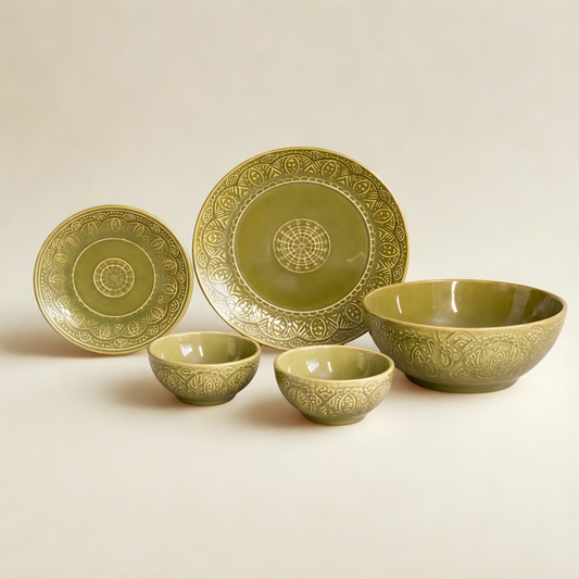 Green Embossed Ceramic Dining Set with Plates & Bowls